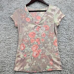 One World Womens Floral Rose Embellished V-Neck Top‎ Size M Y2K Retro
